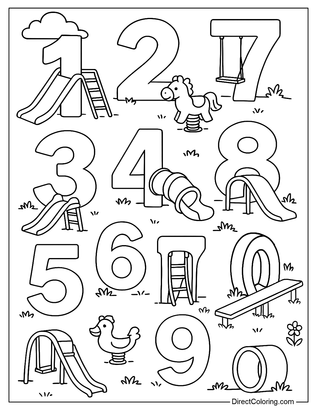 Coloring page of numbers from 0 to 9 in the playground for children, each number is a separate game such as slide, swing, bouncy animal